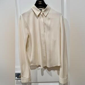 Theory Button-Up Long Sleeve Fitted Silk Shirt In Beige Size Small cream color